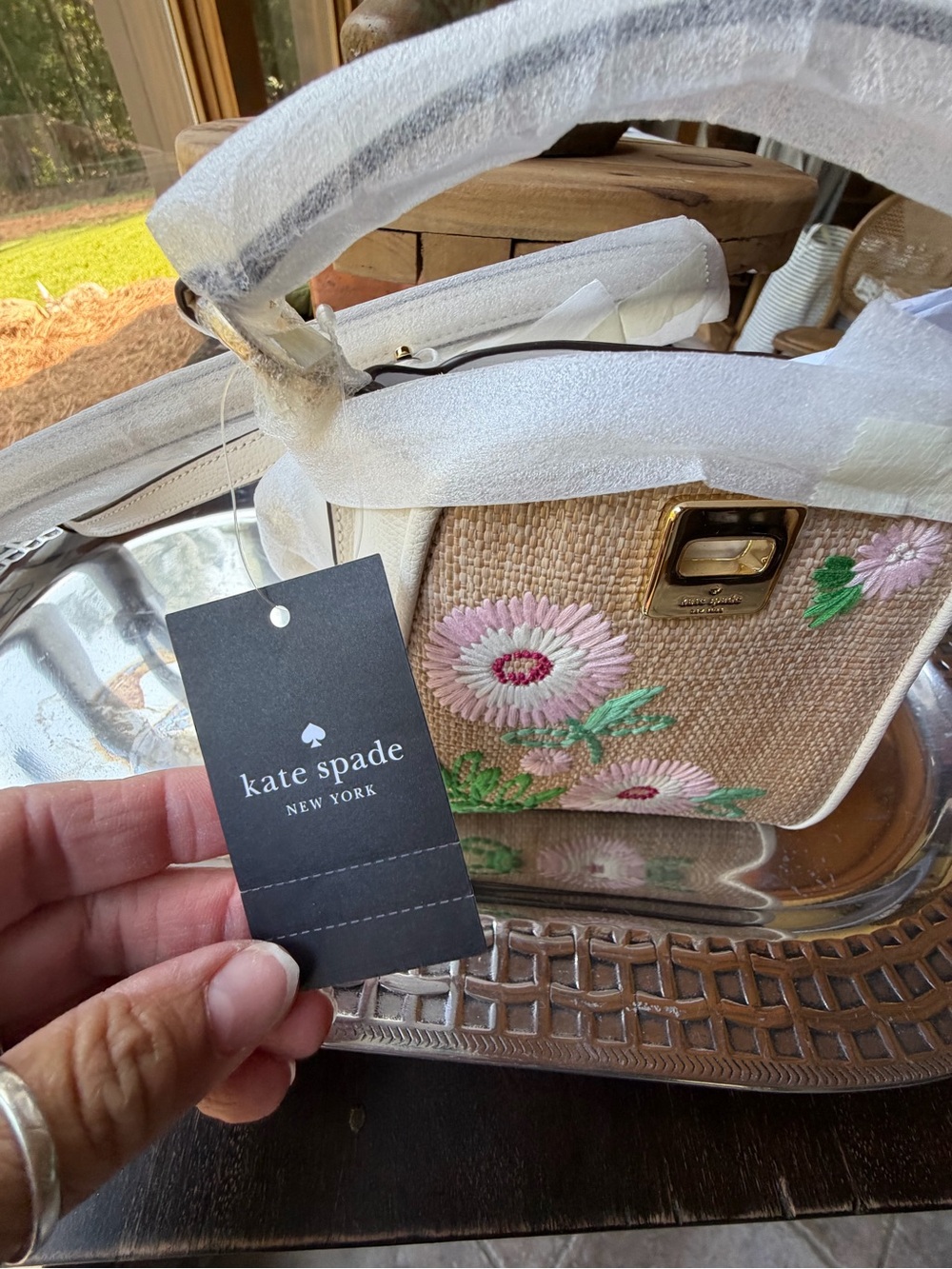 kate spade Natural Straw Shoulder Bag with Pink Floral Embroidery